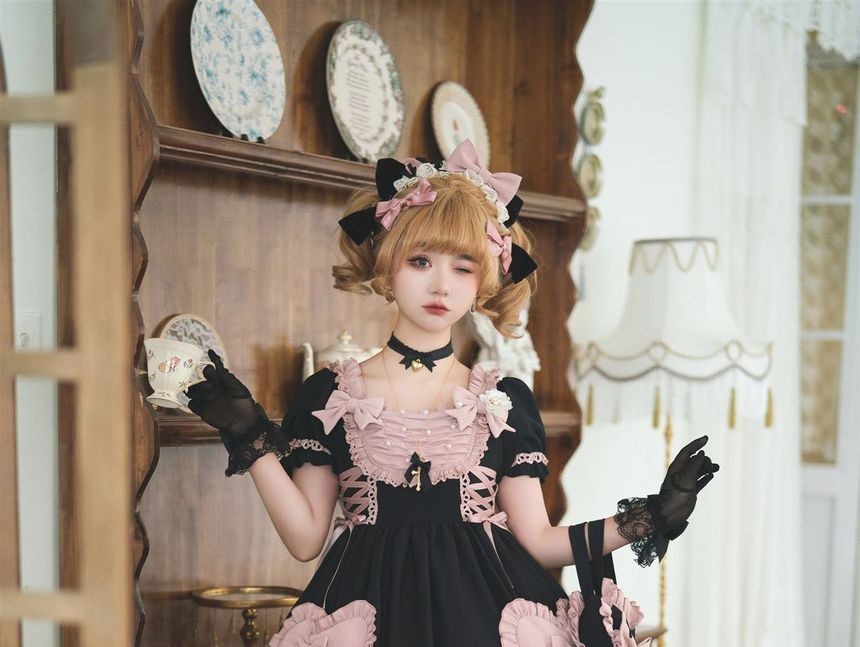 Lolita Ruffle Trim Mini A-Line Dress / Bow Headband / Handbag / Set