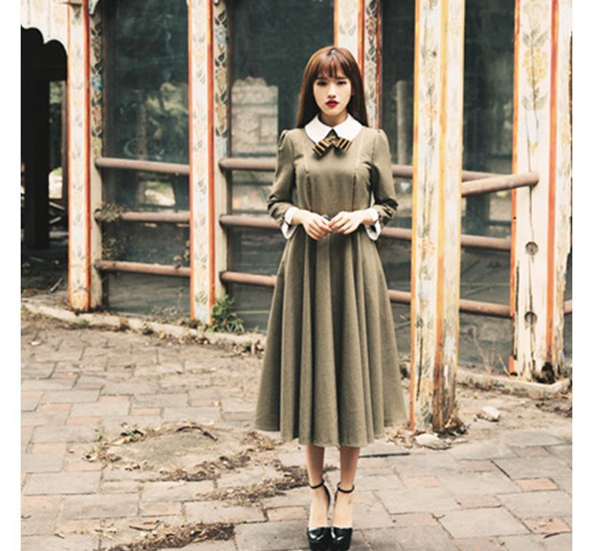 Long-Sleeve Contrast Collar Midi A-Line Dress