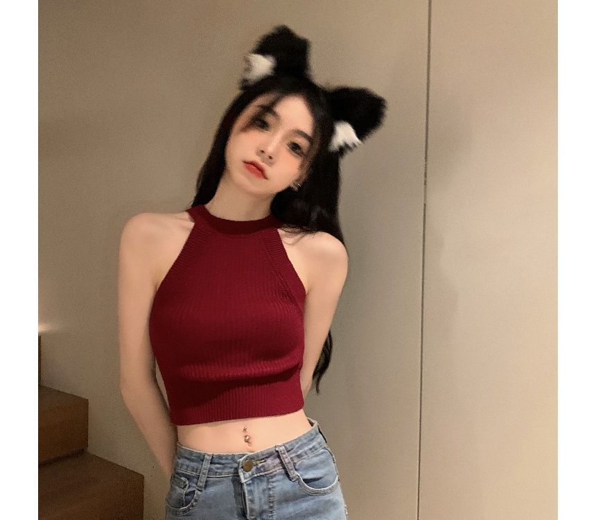 Halter Knit Top Tank Crop