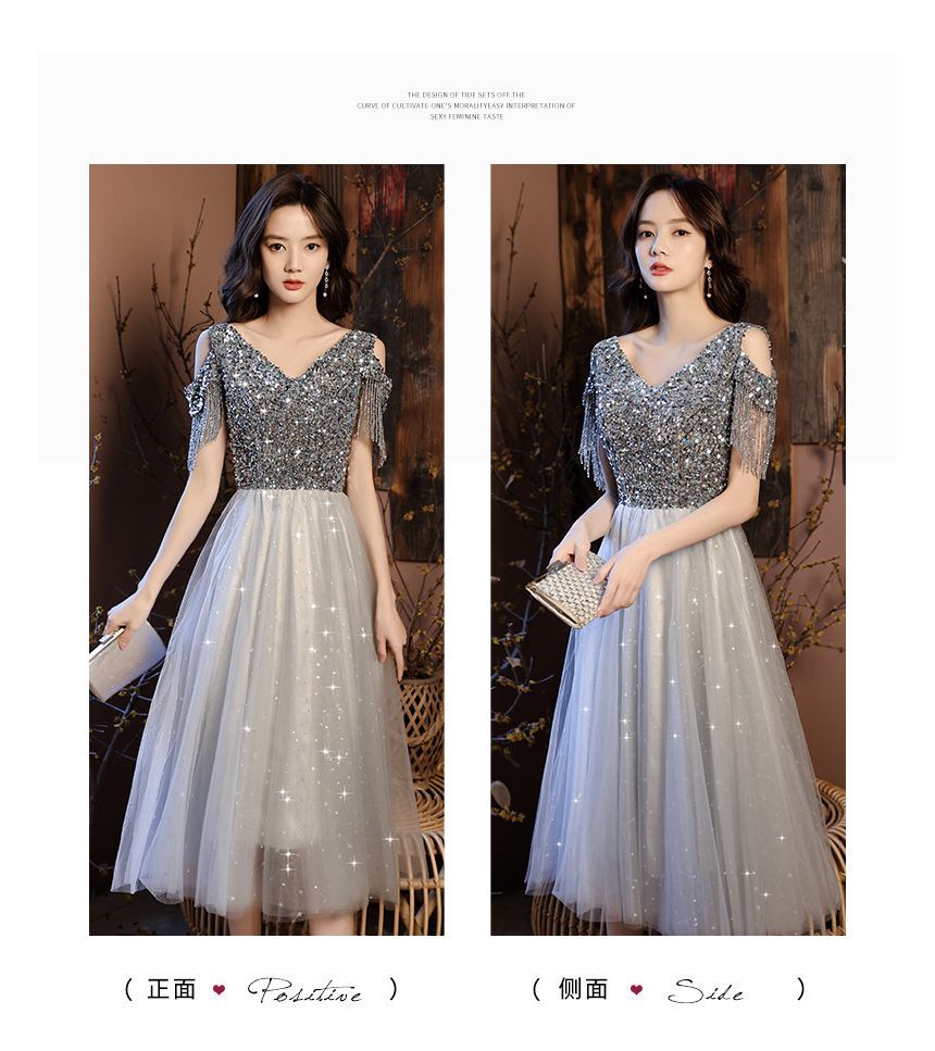 Dress Maxi Prom Shoulder Cold Sequin