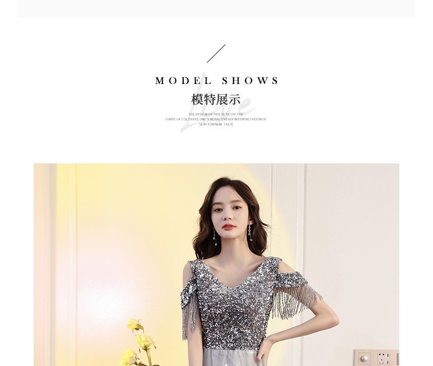 Dress Maxi Prom Shoulder Cold Sequin