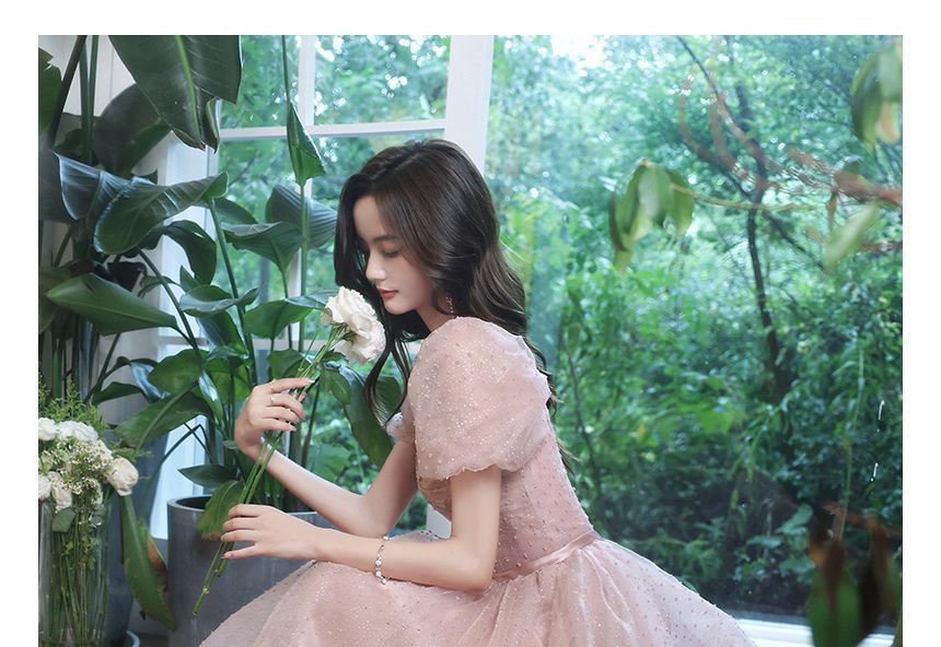 Puff-Sleeve Dress A-Line Dotted Prom