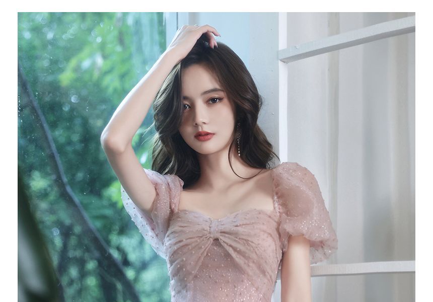 Puff-Sleeve Dress A-Line Dotted Prom