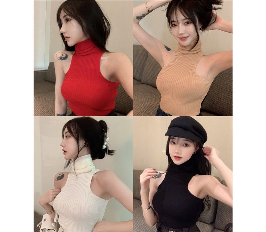 Top Plain Sleeveless Turtleneck