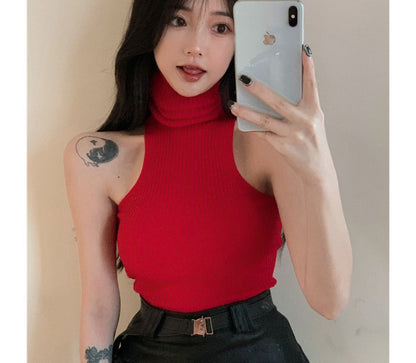 Top Plain Sleeveless Turtleneck
