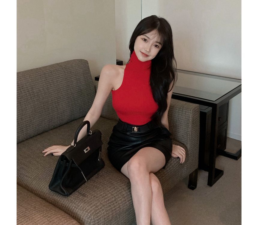 Top Plain Sleeveless Turtleneck