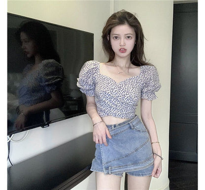 Cropped Blouse Floral Puff-Sleeve