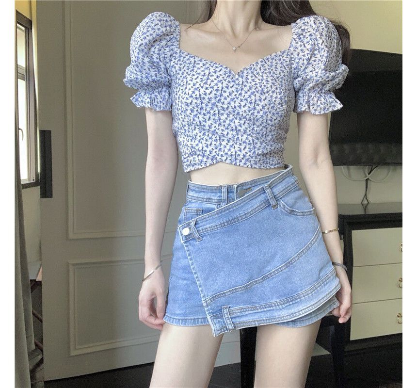 Cropped Blouse Floral Puff-Sleeve