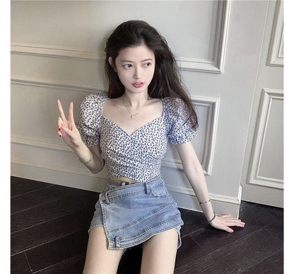 Cropped Blouse Floral Puff-Sleeve