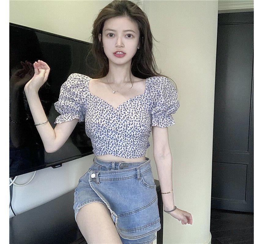 Cropped Blouse Floral Puff-Sleeve