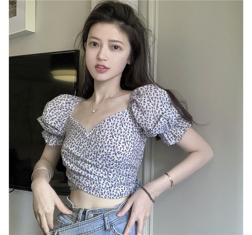 Cropped Blouse Floral Puff-Sleeve