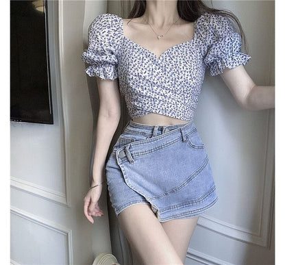 Cropped Blouse Floral Puff-Sleeve