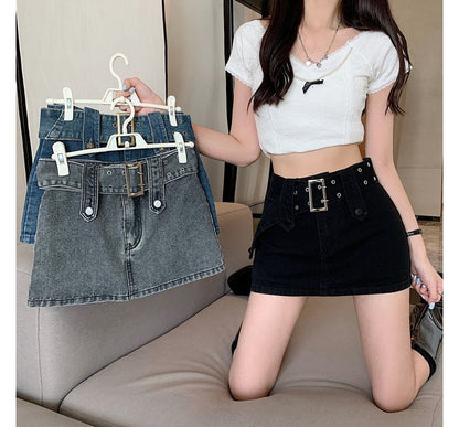 Belted Denim Mini Skirt