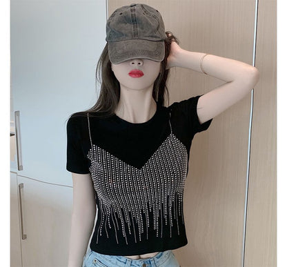 Short-Sleeve Rhinestone Cropped T-Shirt