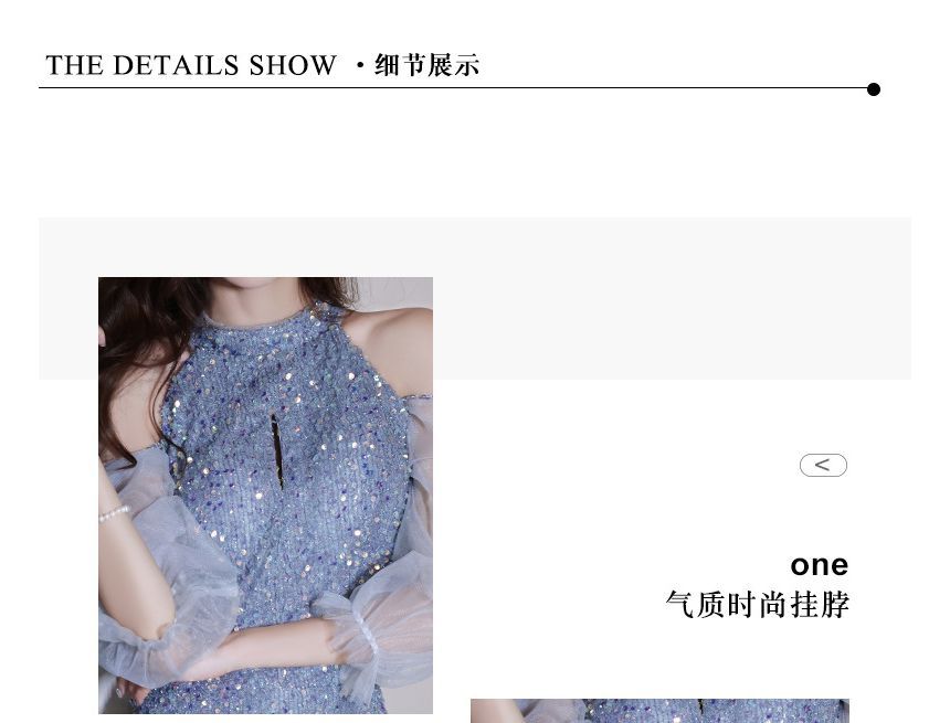 Cold-Shoulder Sequin Evening Gown Sheath