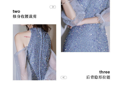 Cold-Shoulder Sequin Evening Gown Sheath