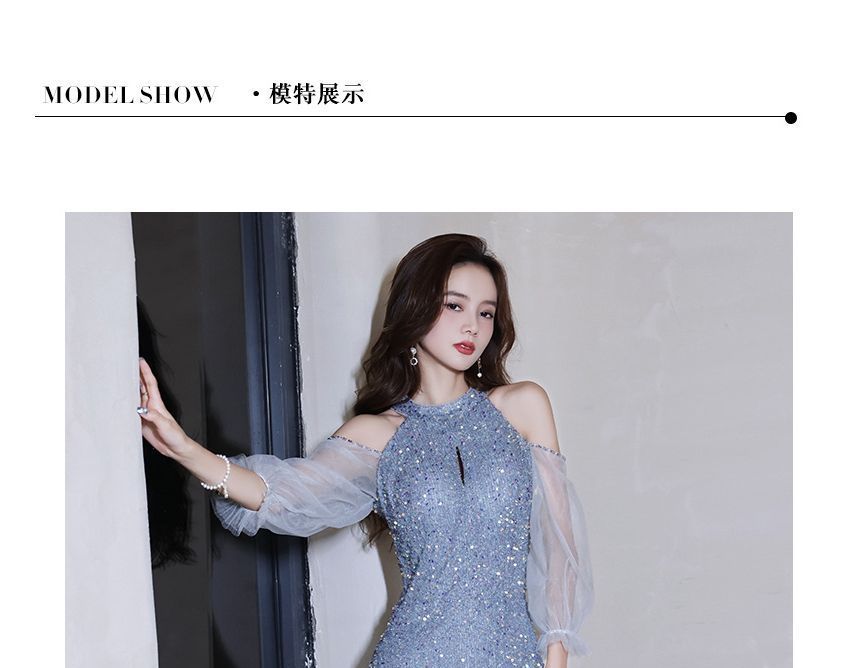 Cold-Shoulder Sequin Evening Gown Sheath