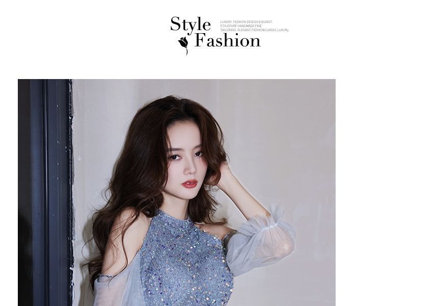 Cold-Shoulder Sequin Evening Gown Sheath