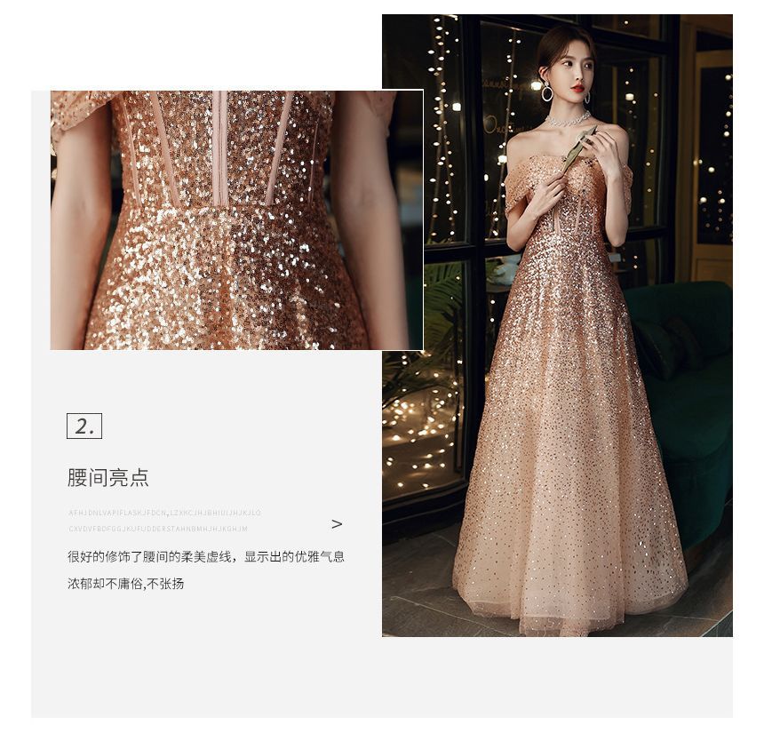 A-Line Evening Off-Shoulder Sequin Gown