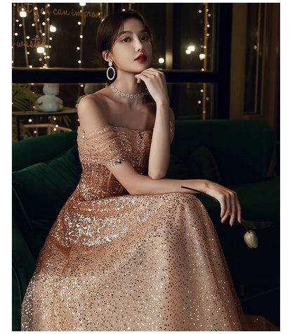 A-Line Evening Off-Shoulder Sequin Gown