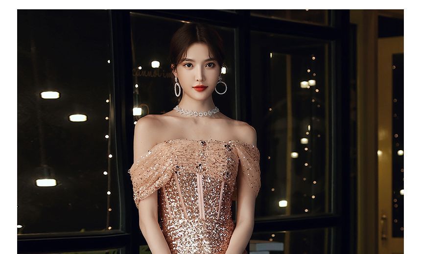 A-Line Evening Off-Shoulder Sequin Gown