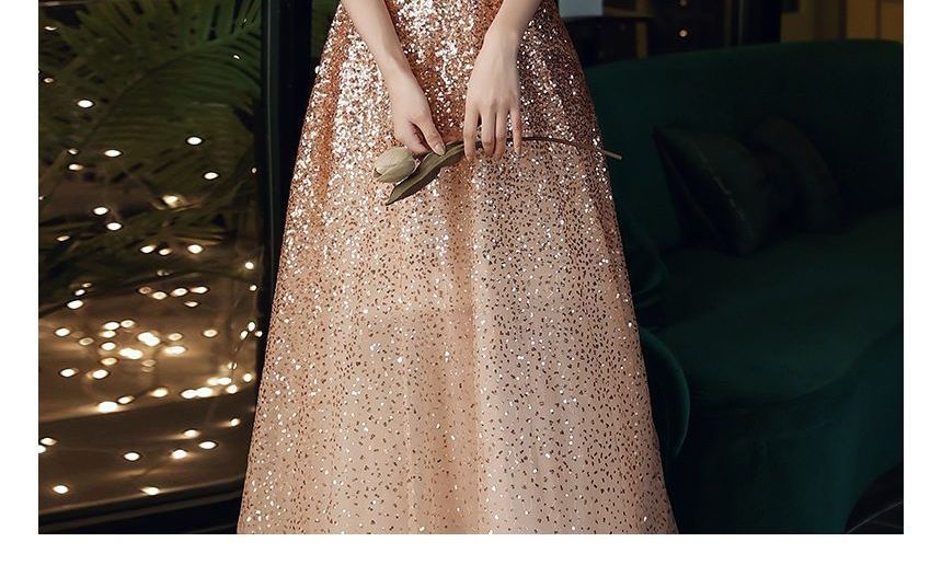 A-Line Evening Off-Shoulder Sequin Gown