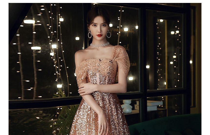 A-Line Evening Off-Shoulder Sequin Gown