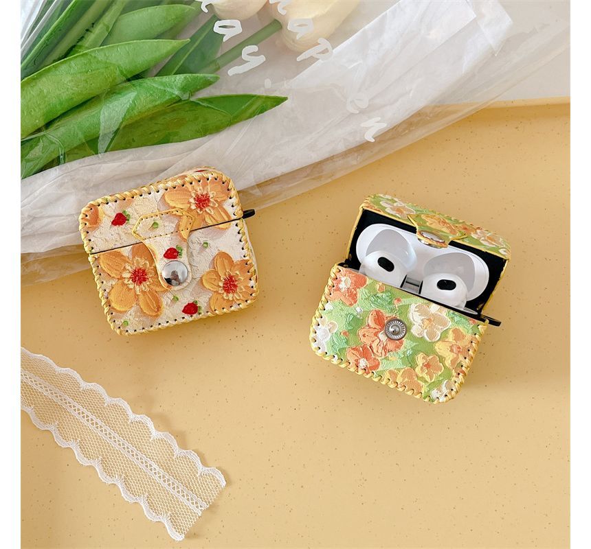 Flower Print Faux Leather AirPods Earphone Case Skin