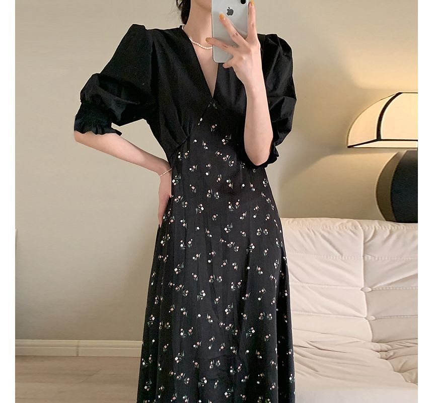 Short-Sleeve V-Neck Floral Panel Midi A-Line Dress