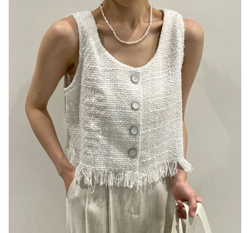 Fringed Button-Up Tweed Vest