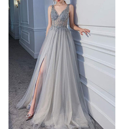 Sleeveless Embellished Mesh Slit A-Line Evening Gown