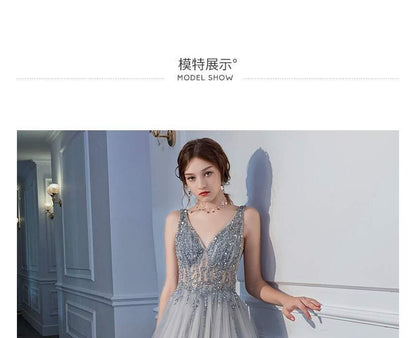 V-Neck Evening A-Line Glitter Gown