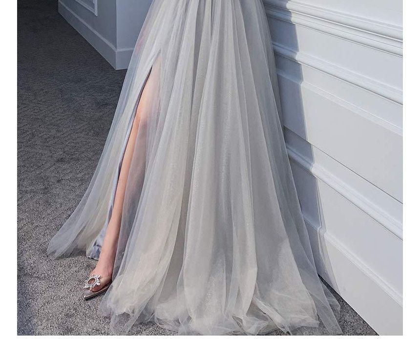 V-Neck Evening A-Line Glitter Gown