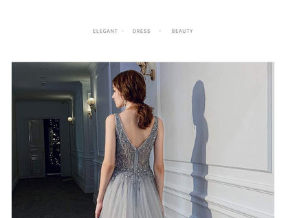 V-Neck Evening A-Line Glitter Gown