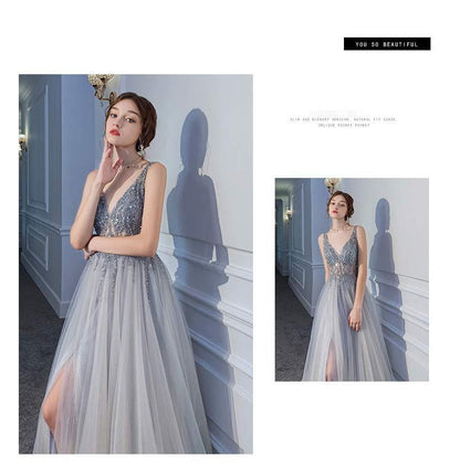 V-Neck Evening A-Line Glitter Gown