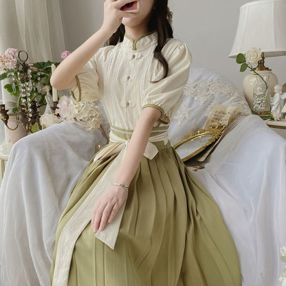 Set: Short-Sleeve Mandarin Collar Blouse + Pleated Midi A-Line Skirt