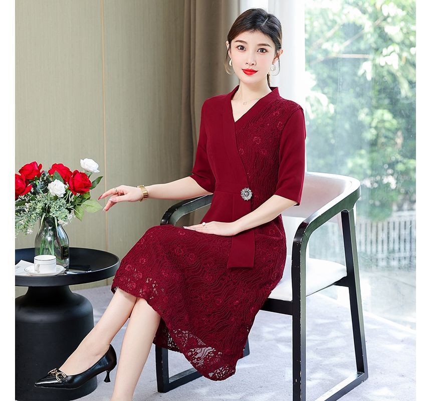 Elbow-Sleeve Lace Panel A-Line Dress