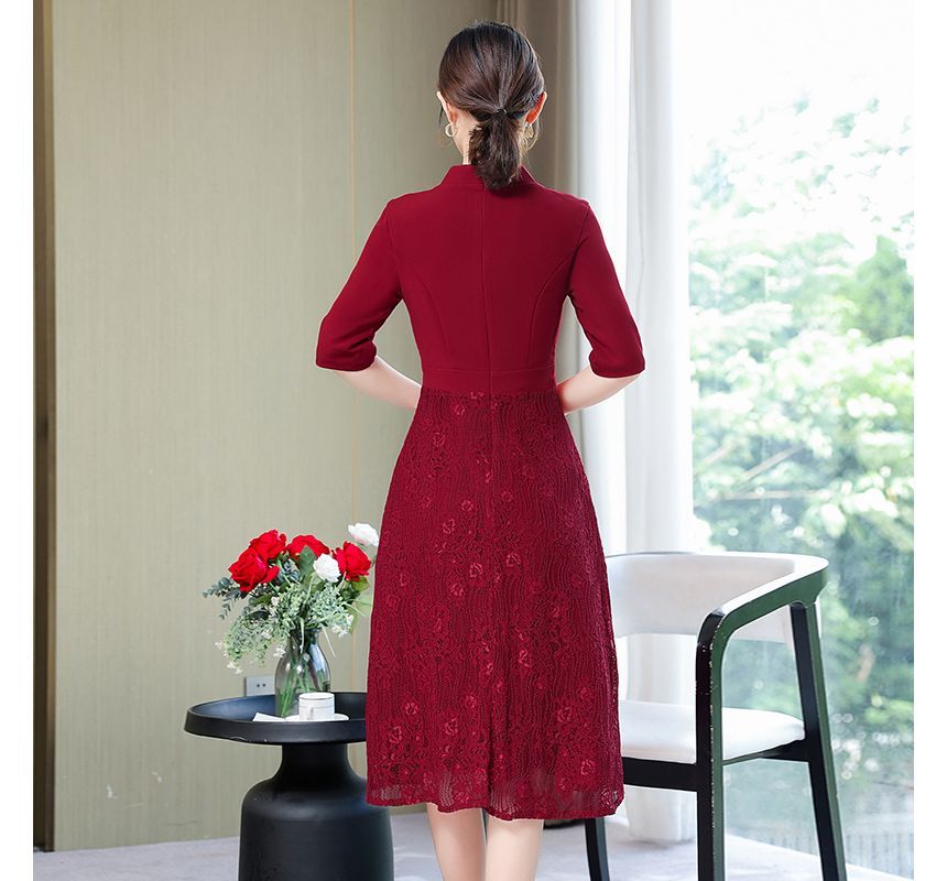 Elbow-Sleeve Lace Panel A-Line Dress