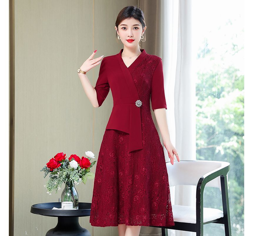 Elbow-Sleeve Lace Panel A-Line Dress