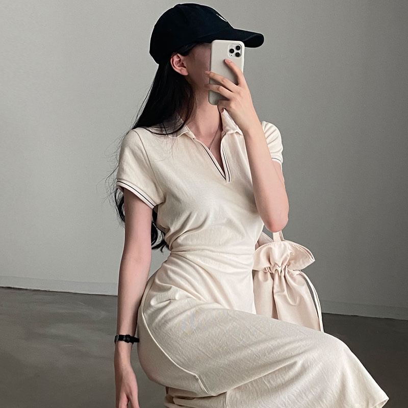 Short-Sleeve Contrast Stitching Polo Dress