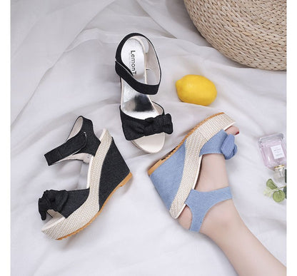 Platform Denim Wedge-Heel Sandals