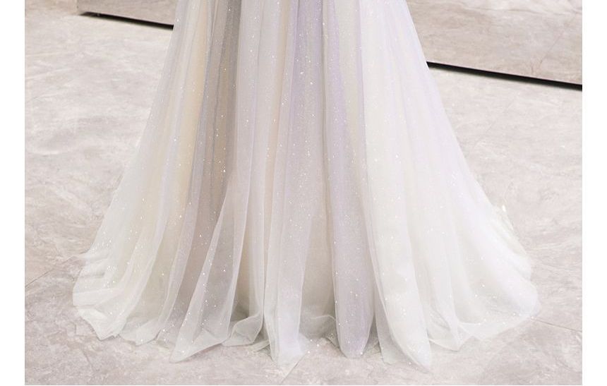 Strap Spaghetti Evening Gown Sweetheart Gradient A-Line Neckline Mesh Rhinestone