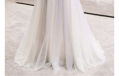 Strap Spaghetti Evening Gown Sweetheart Gradient A-Line Neckline Mesh Rhinestone