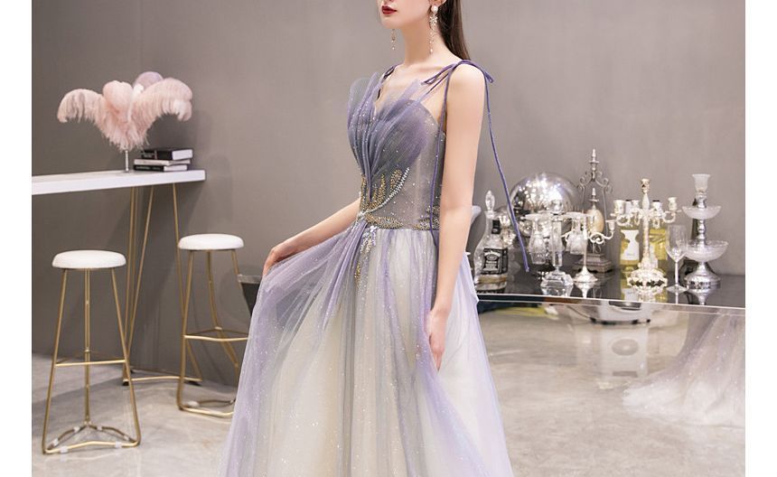 Strap Spaghetti Evening Gown Sweetheart Gradient A-Line Neckline Mesh Rhinestone