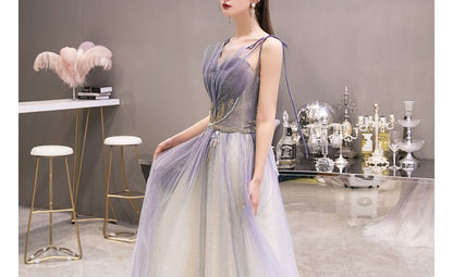 Strap Spaghetti Evening Gown Sweetheart Gradient A-Line Neckline Mesh Rhinestone