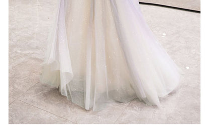 Strap Spaghetti Evening Gown Sweetheart Gradient A-Line Neckline Mesh Rhinestone