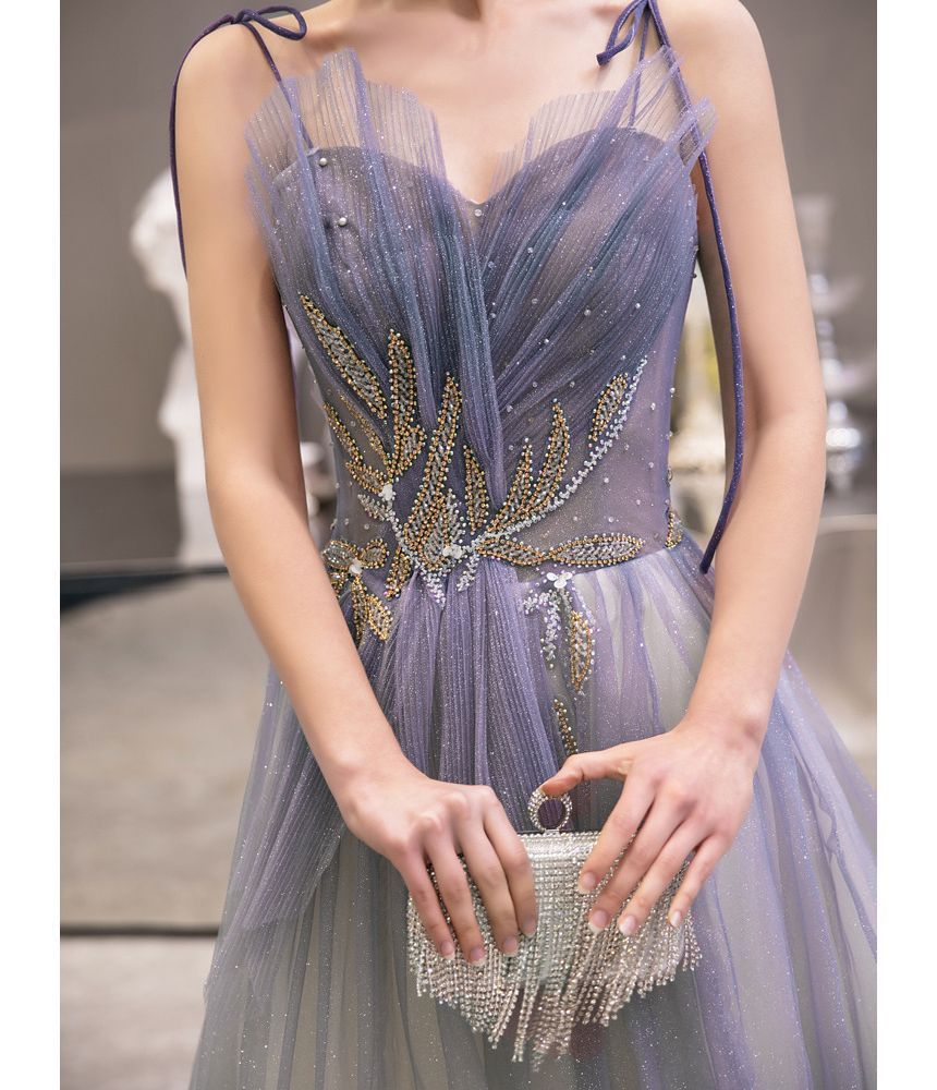 Strap Spaghetti Evening Gown Sweetheart Gradient A-Line Neckline Mesh Rhinestone