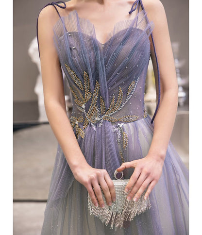 Strap Spaghetti Evening Gown Sweetheart Gradient A-Line Neckline Mesh Rhinestone