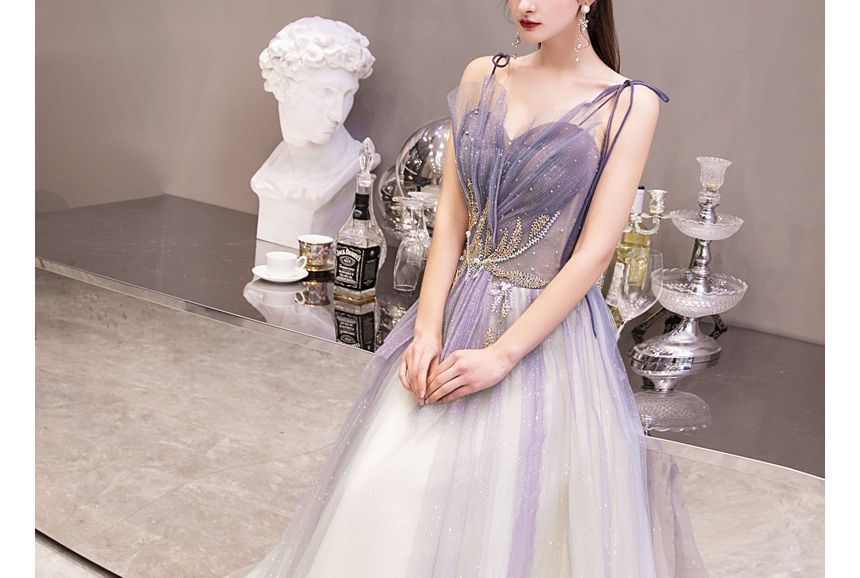 Strap Spaghetti Evening Gown Sweetheart Gradient A-Line Neckline Mesh Rhinestone