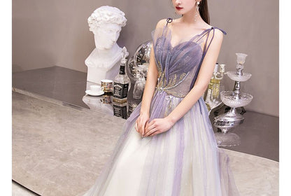 Strap Spaghetti Evening Gown Sweetheart Gradient A-Line Neckline Mesh Rhinestone